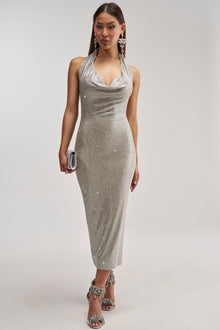 Sisoras POPPIN' BOTTLES RHINESTONE MAXI DRESS IN SILVER