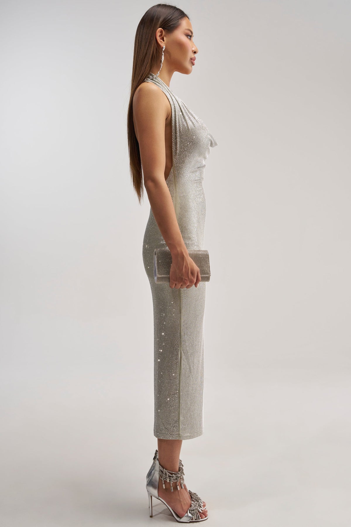 Sisoras POPPIN' BOTTLES RHINESTONE MAXI DRESS IN SILVER