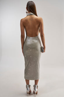 Sisoras POPPIN' BOTTLES RHINESTONE MAXI DRESS IN SILVER