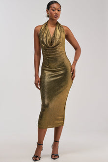 POPPIN' BOTTLES RHINESTONE MAXI DRESS IN GOLD
