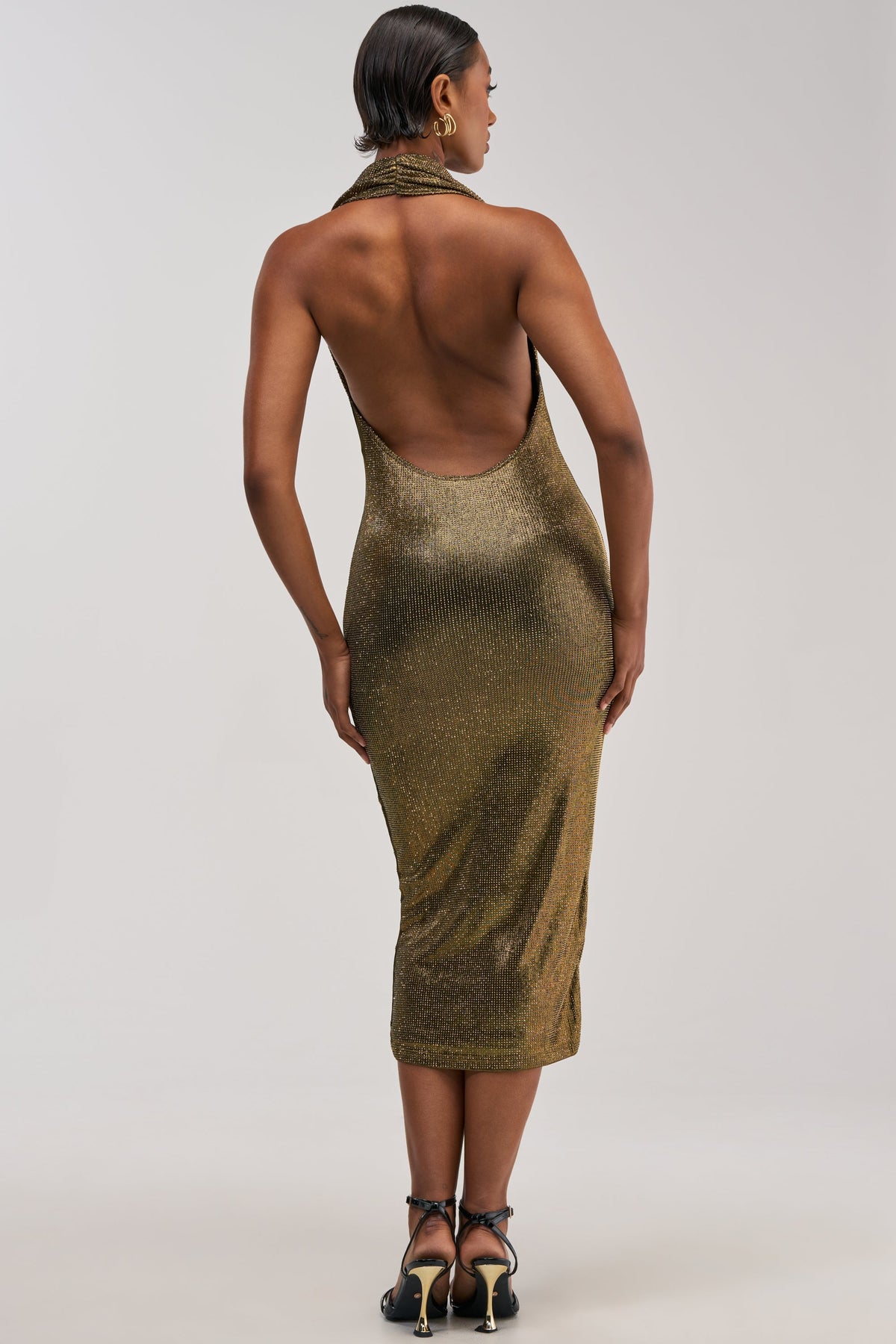 POPPIN' BOTTLES RHINESTONE MAXI DRESS IN GOLD