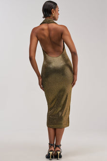POPPIN' BOTTLES RHINESTONE MAXI DRESS IN GOLD