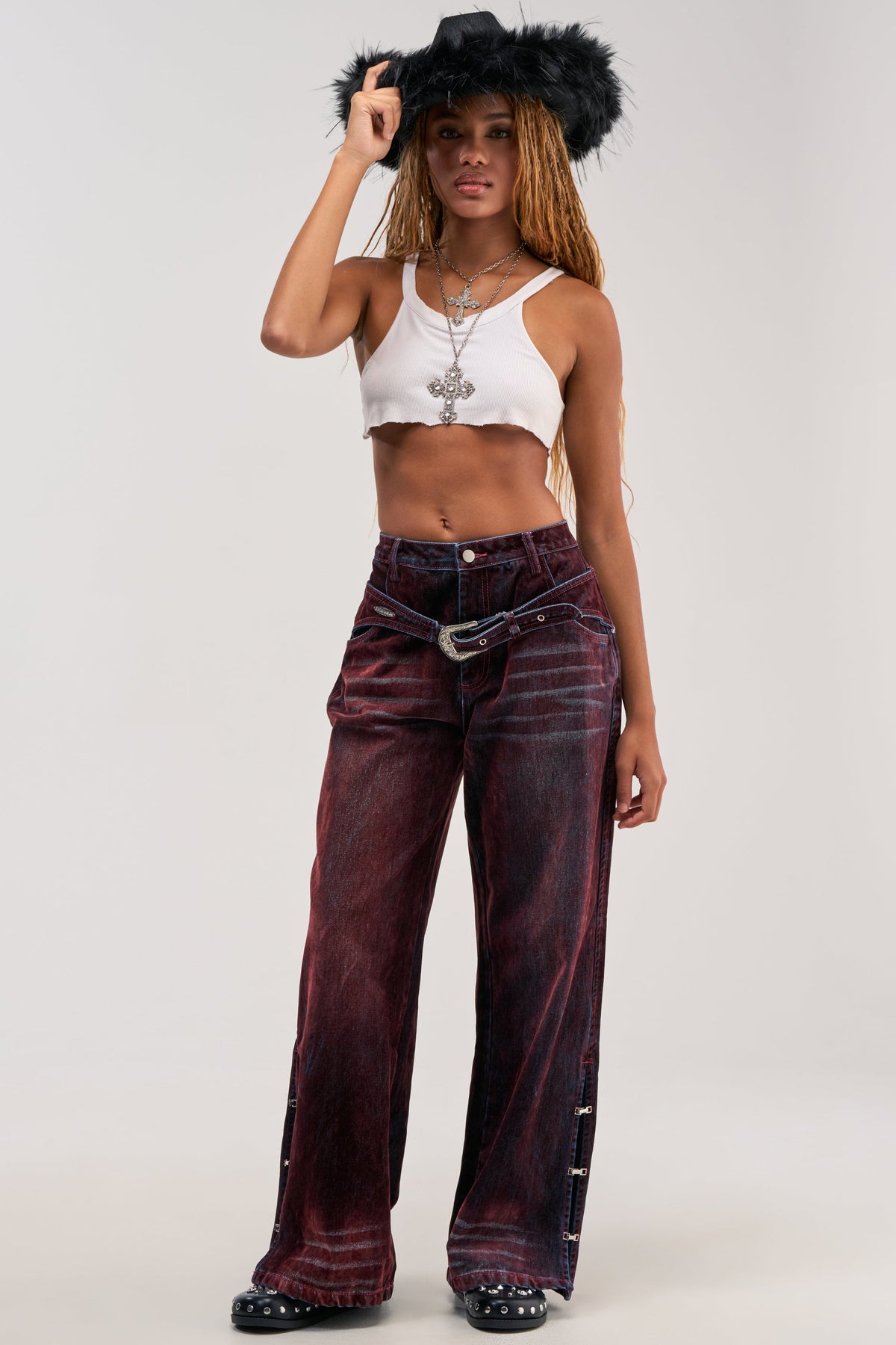 MIDNIGHT MERLOT VELVET DENIM PANTS