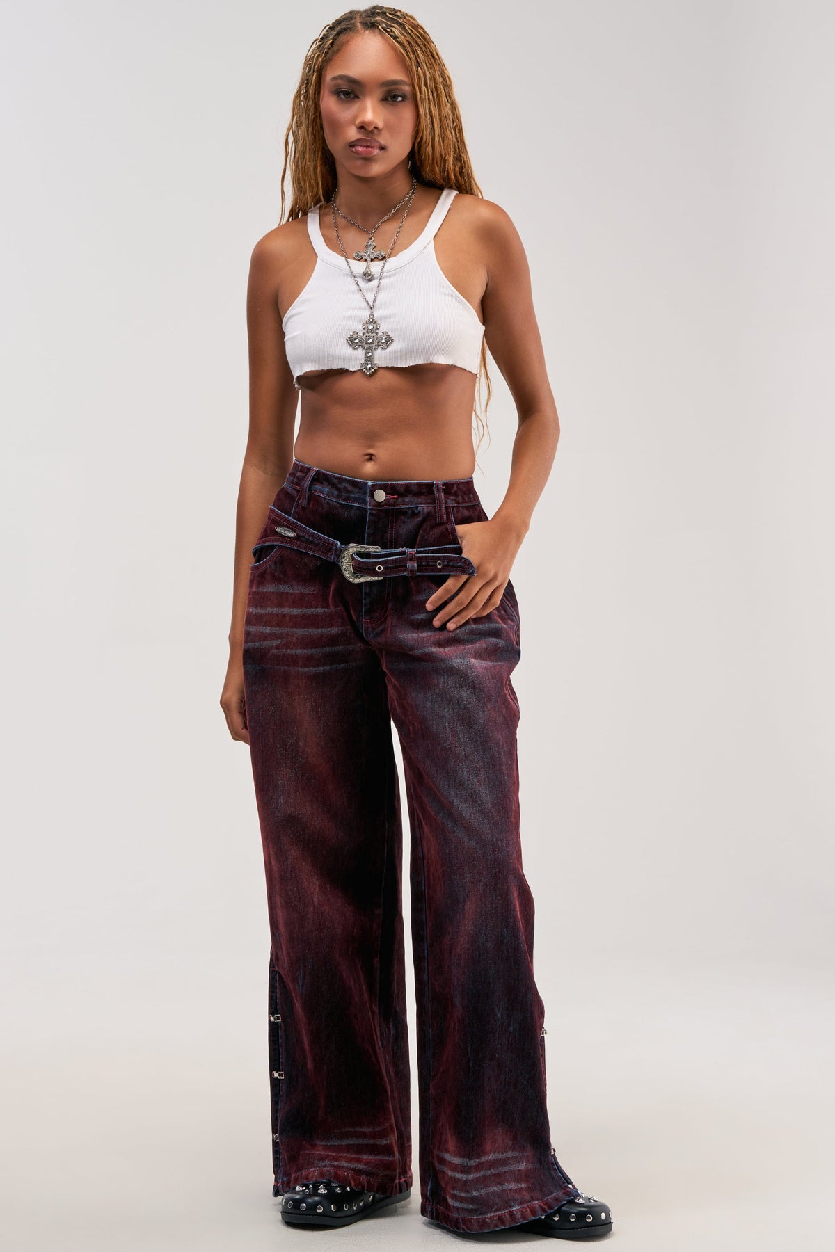 MIDNIGHT MERLOT VELVET DENIM PANTS