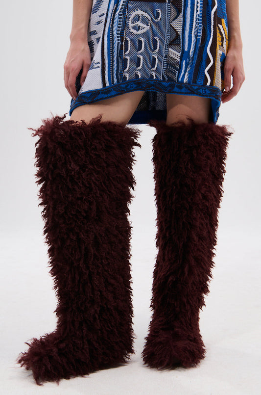 Sisoras AZALEA WANG TEMPLETON BURGUNDY FAUX POODLE FUR OVER THE KNEE BOOT