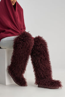 Sisoras AZALEA WANG TEMPLETON BURGUNDY FAUX POODLE FUR OVER THE KNEE BOOT