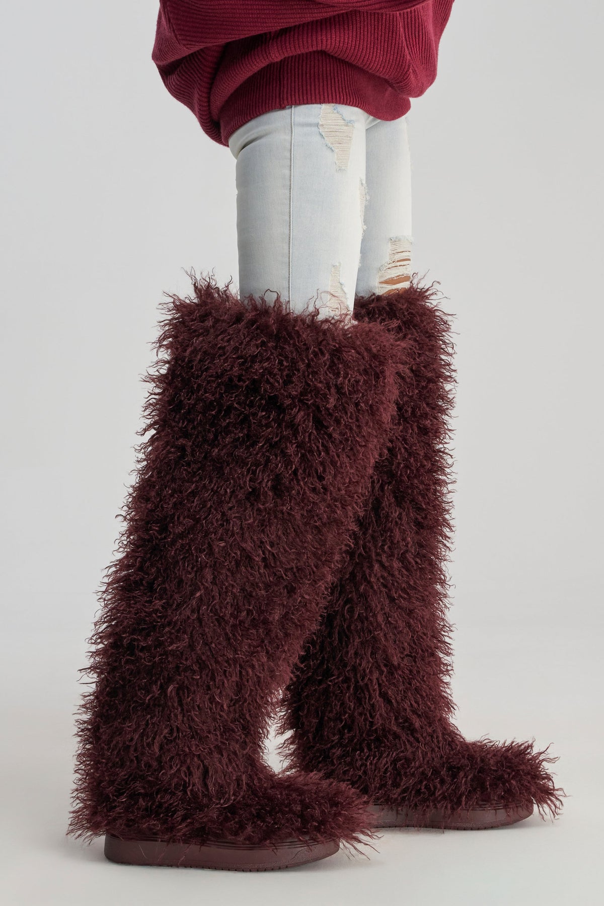 Sisoras AZALEA WANG TEMPLETON BURGUNDY FAUX POODLE FUR OVER THE KNEE BOOT