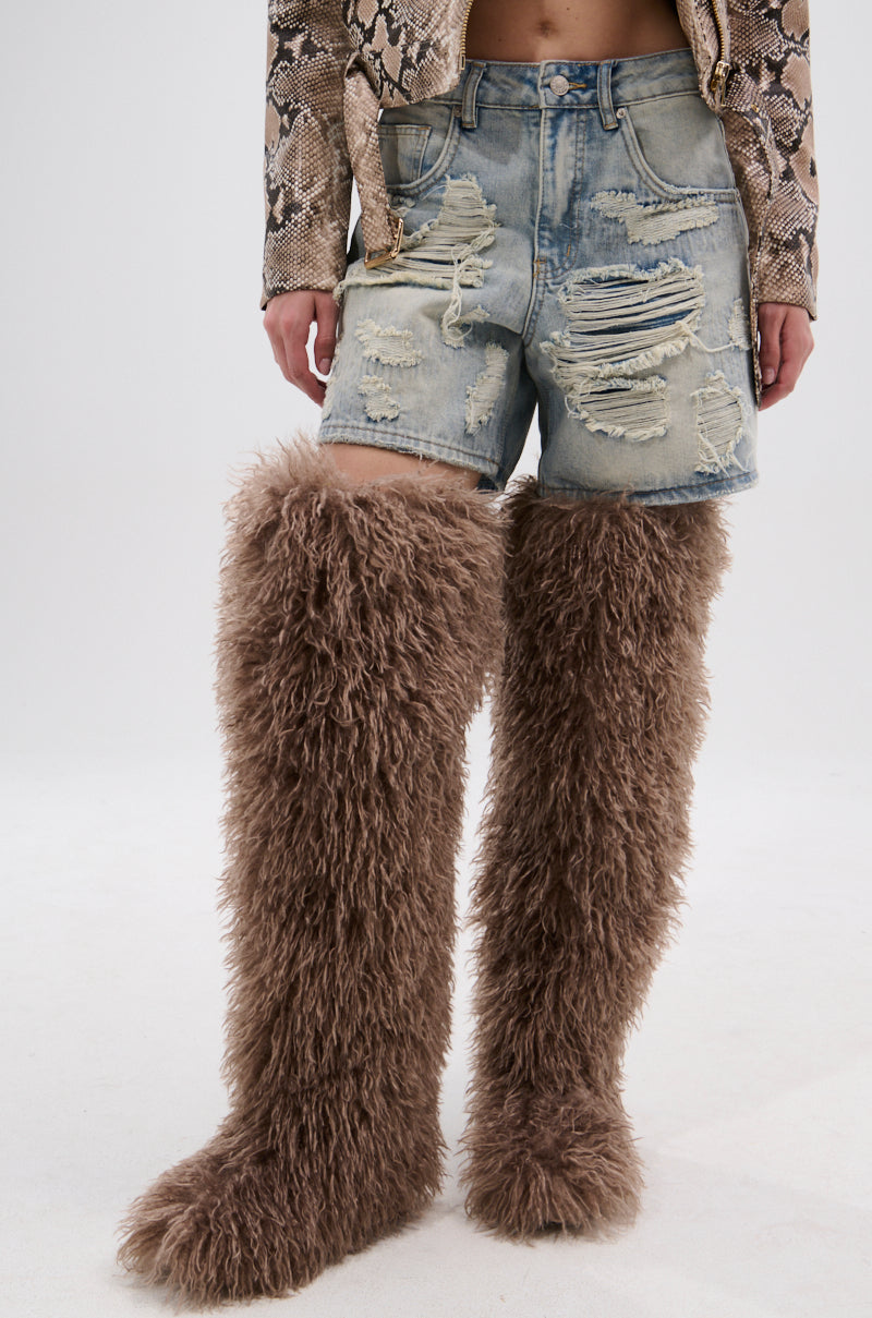 Sisoras AZALEA WANG TEMPLETON TAUPE FAUX POODLE FUR OVER THE KNEE BOOT