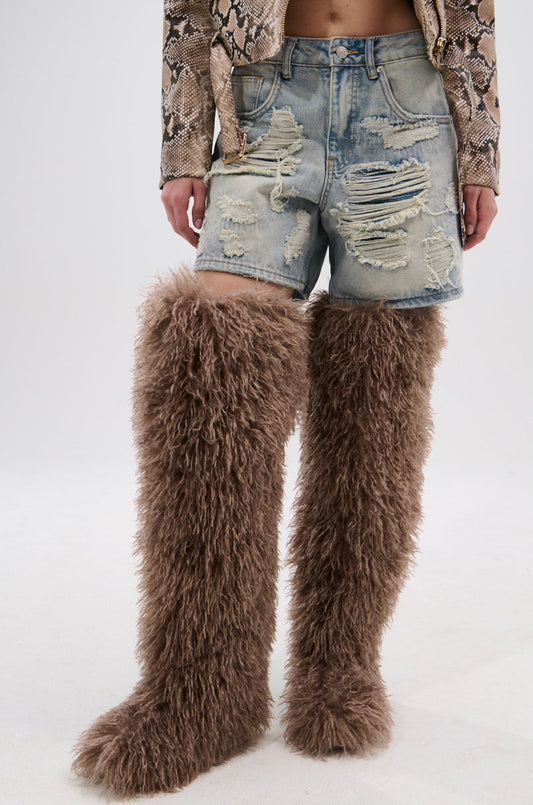 Sisoras AZALEA WANG TEMPLETON TAUPE FAUX POODLE FUR OVER THE KNEE BOOT