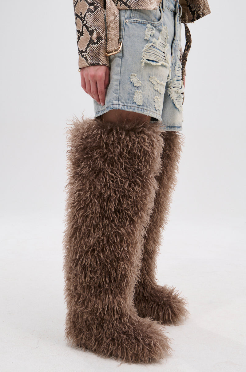 Sisoras AZALEA WANG TEMPLETON TAUPE FAUX POODLE FUR OVER THE KNEE BOOT
