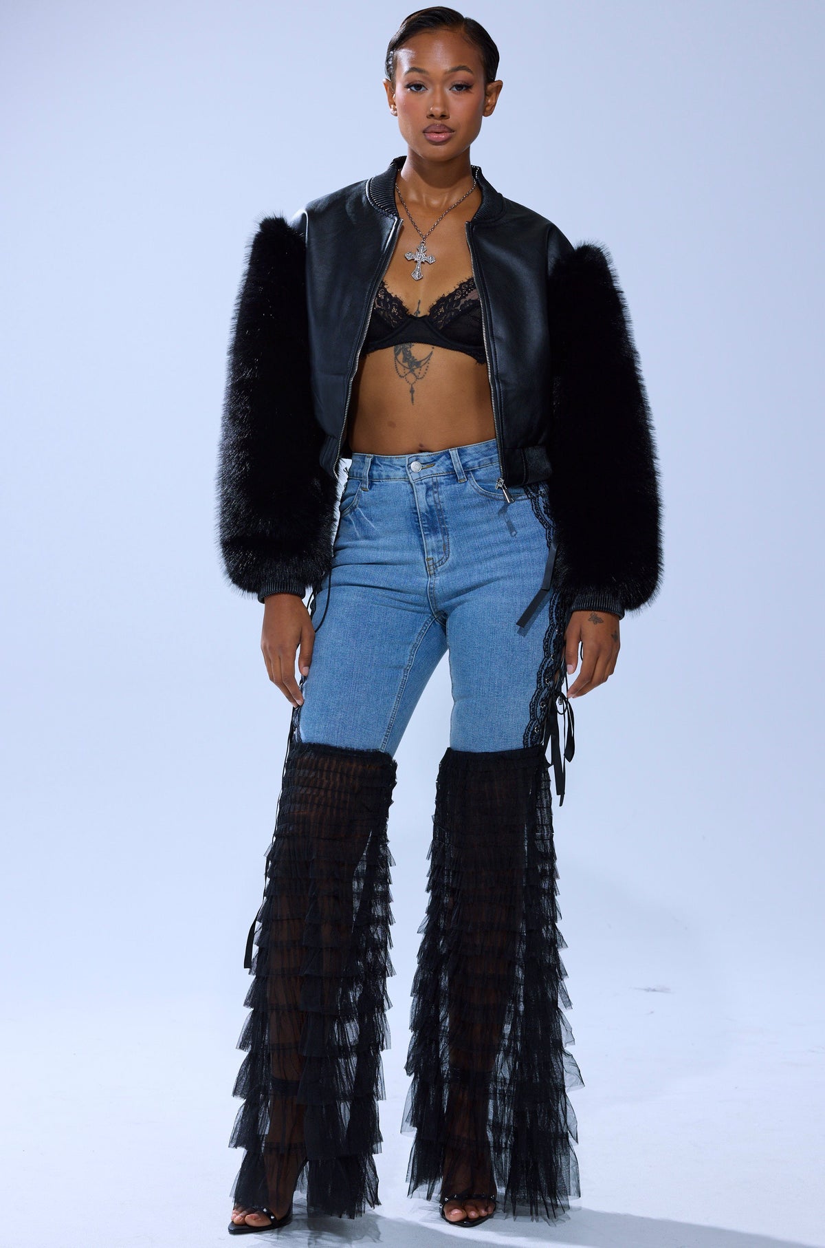 SO GOOD IT HURTS FUR SLEEVE BOMBER IN BLACK