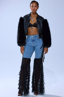 SO GOOD IT HURTS FUR SLEEVE BOMBER IN BLACK