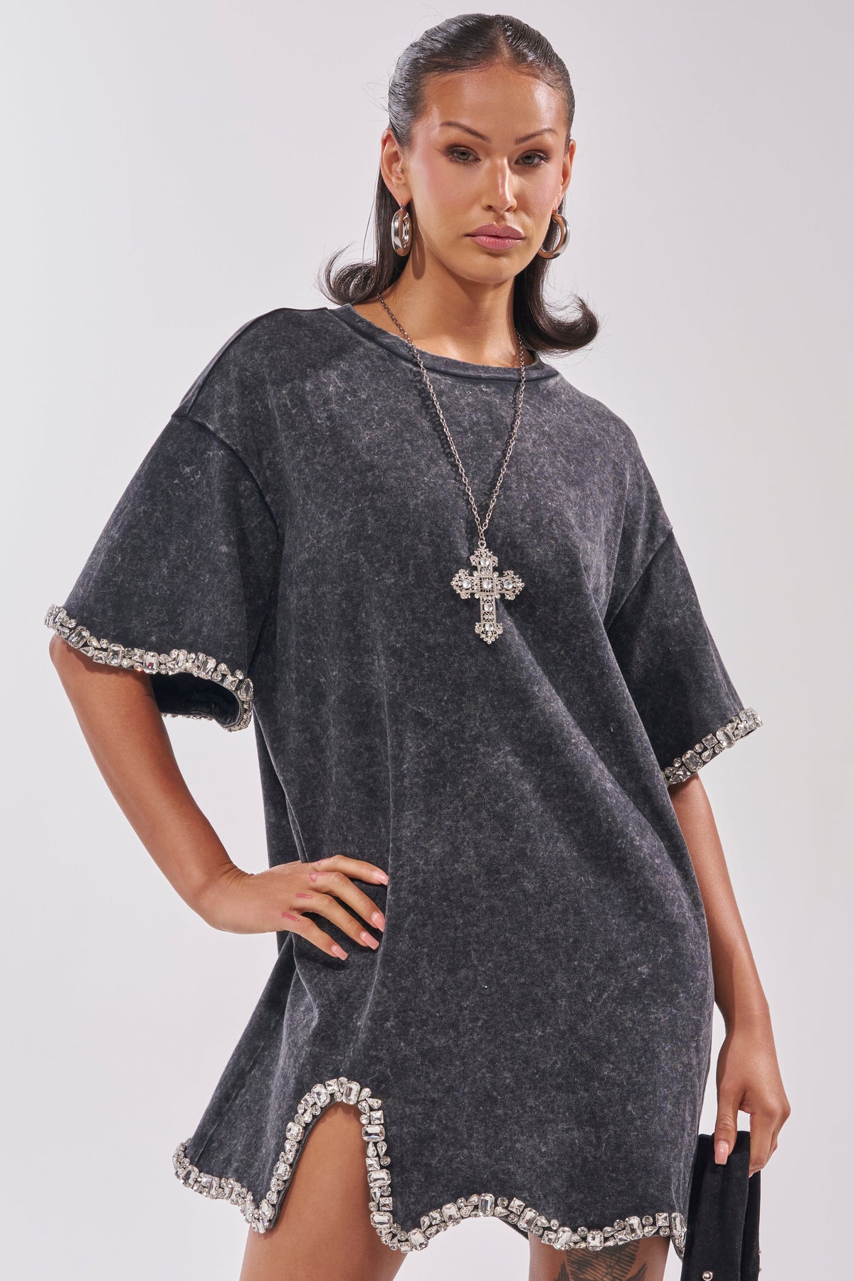 COOL GIRL EMBELLISHED TEE SHIRT DRESS IN BLACK