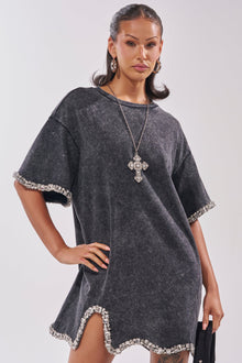 COOL GIRL EMBELLISHED TEE SHIRT DRESS IN BLACK