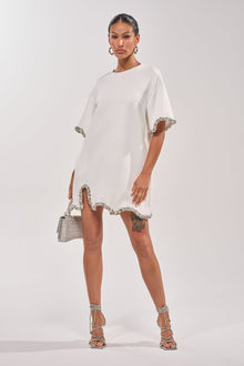 COOL GIRL EMBELLISHED TEE SHIRT DRESS IN WHITE