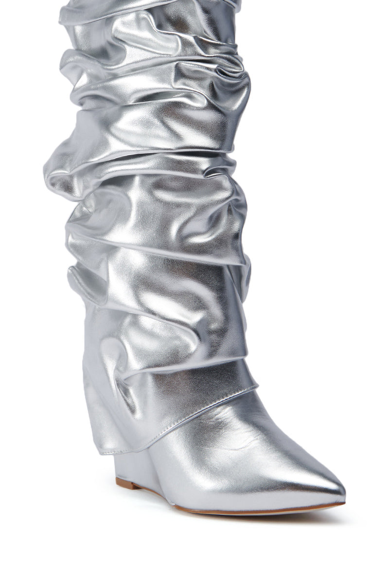 Sisoras AZALEA WANG ZUMMA METALLIC RUCHED WEDGE BOOT IN SILVER