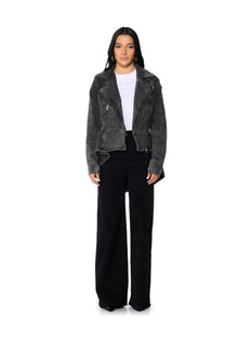 ABOUT THAT TIME DENIM PEPLUM MOTO JACKET