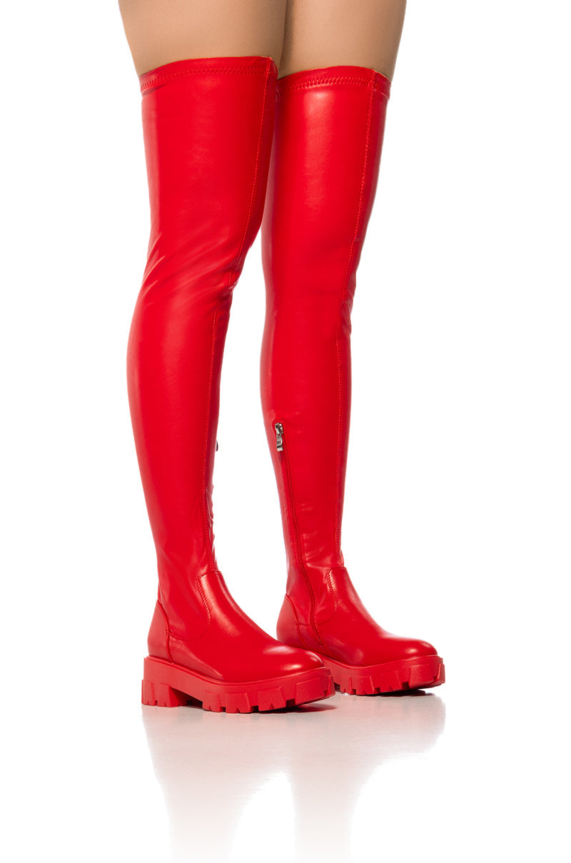 Sisoras AZALEA WANG LATE NIGHTS OVER THE KNEE FLATFORM BOOT WITH 4 WAY STRETCH IN RED