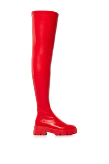 Sisoras AZALEA WANG LATE NIGHTS OVER THE KNEE FLATFORM BOOT WITH 4 WAY STRETCH IN RED