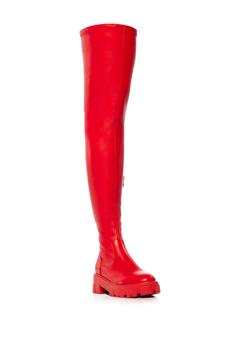 Sisoras AZALEA WANG LATE NIGHTS OVER THE KNEE FLATFORM BOOT WITH 4 WAY STRETCH IN RED
