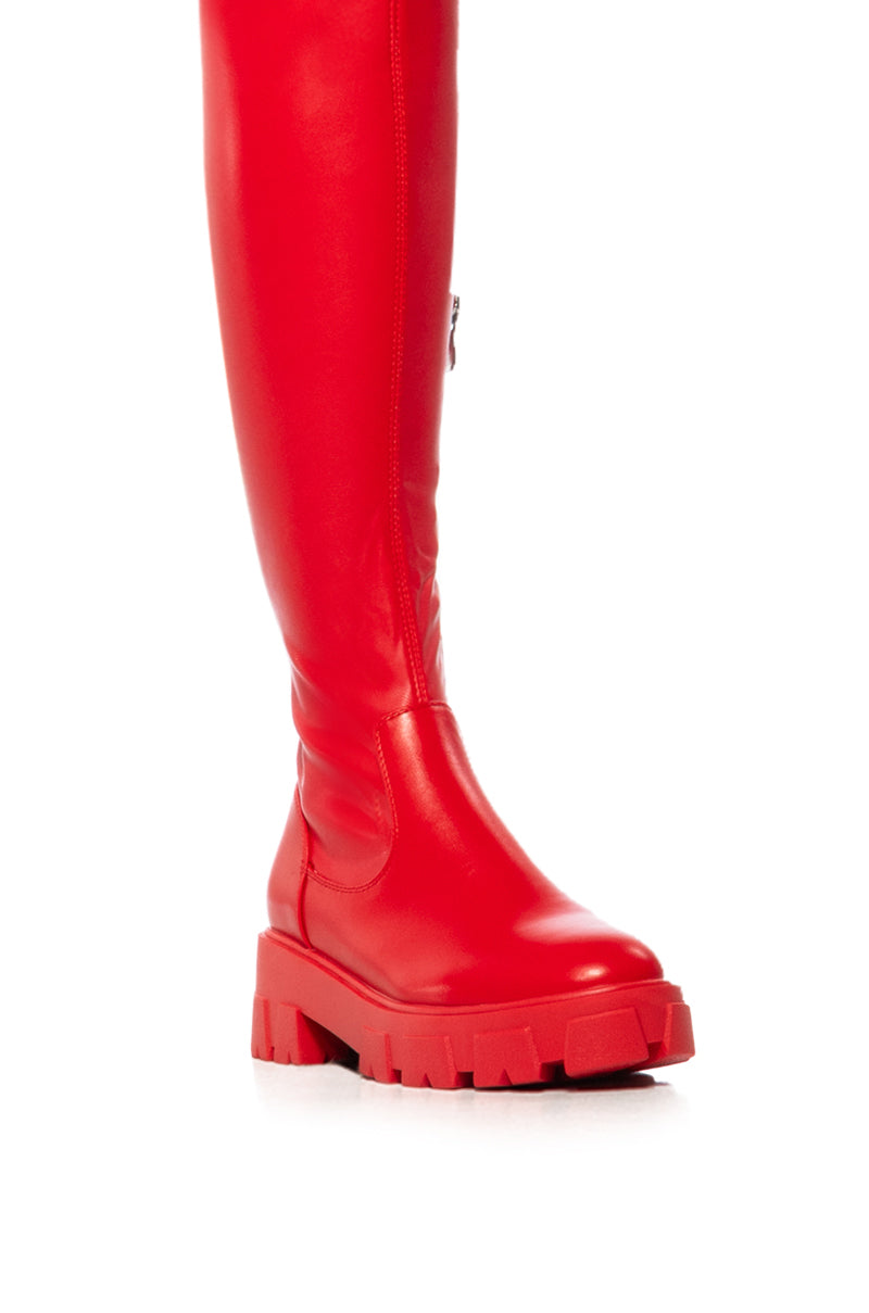 Sisoras AZALEA WANG LATE NIGHTS OVER THE KNEE FLATFORM BOOT WITH 4 WAY STRETCH IN RED