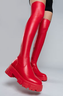 Sisoras AZALEA WANG LATE NIGHTS OVER THE KNEE FLATFORM BOOT WITH 4 WAY STRETCH IN RED