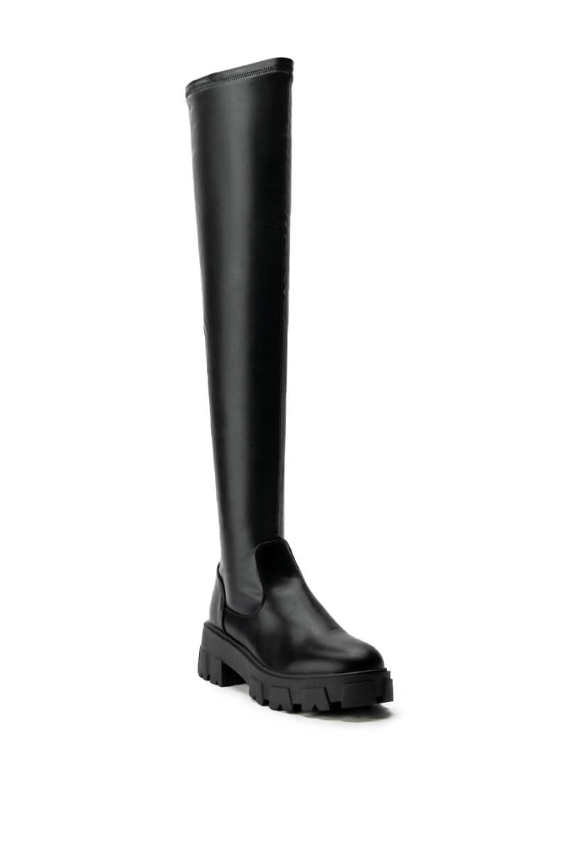 Sisoras AZALEA WANG LATE NIGHTS OVER THE KNEE FLATFORM BOOT WITH 4 WAY STRETCH IN BLACK