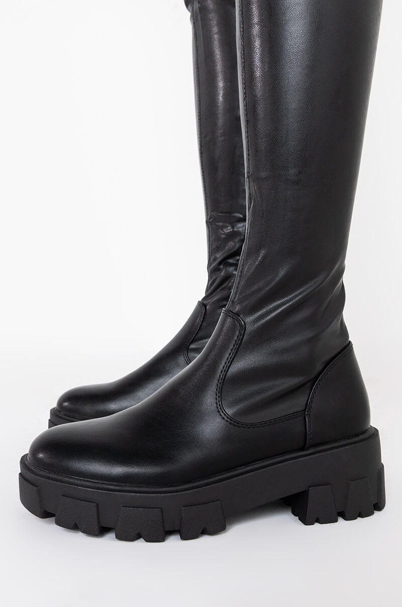 Sisoras AZALEA WANG LATE NIGHTS OVER THE KNEE FLATFORM BOOT WITH 4 WAY STRETCH IN BLACK