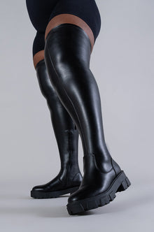 Sisoras AZALEA WANG LATE NIGHTS OVER THE KNEE FLATFORM BOOT WITH 4 WAY STRETCH IN BLACK