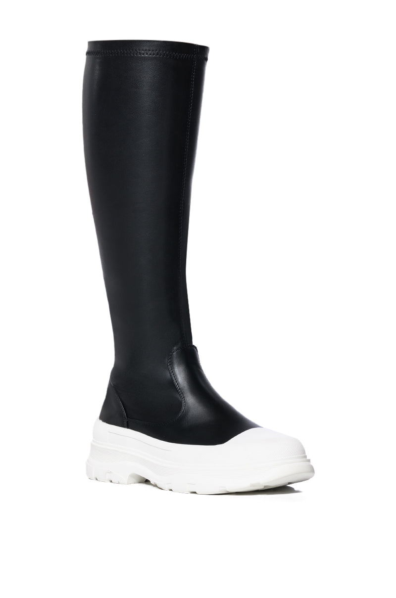 Sisoras AZALEA WANG LOIS 4 WAY STRETCH MID CALF FLATFORM BOOTS IN BLACK