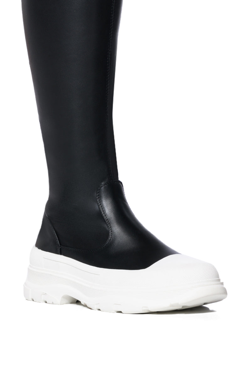 Sisoras AZALEA WANG LOIS 4 WAY STRETCH MID CALF FLATFORM BOOTS IN BLACK