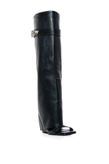 AZALEA WANG MARIETTA FOLD OVER OPEN TOE SANDAL BOOT IN BLACK