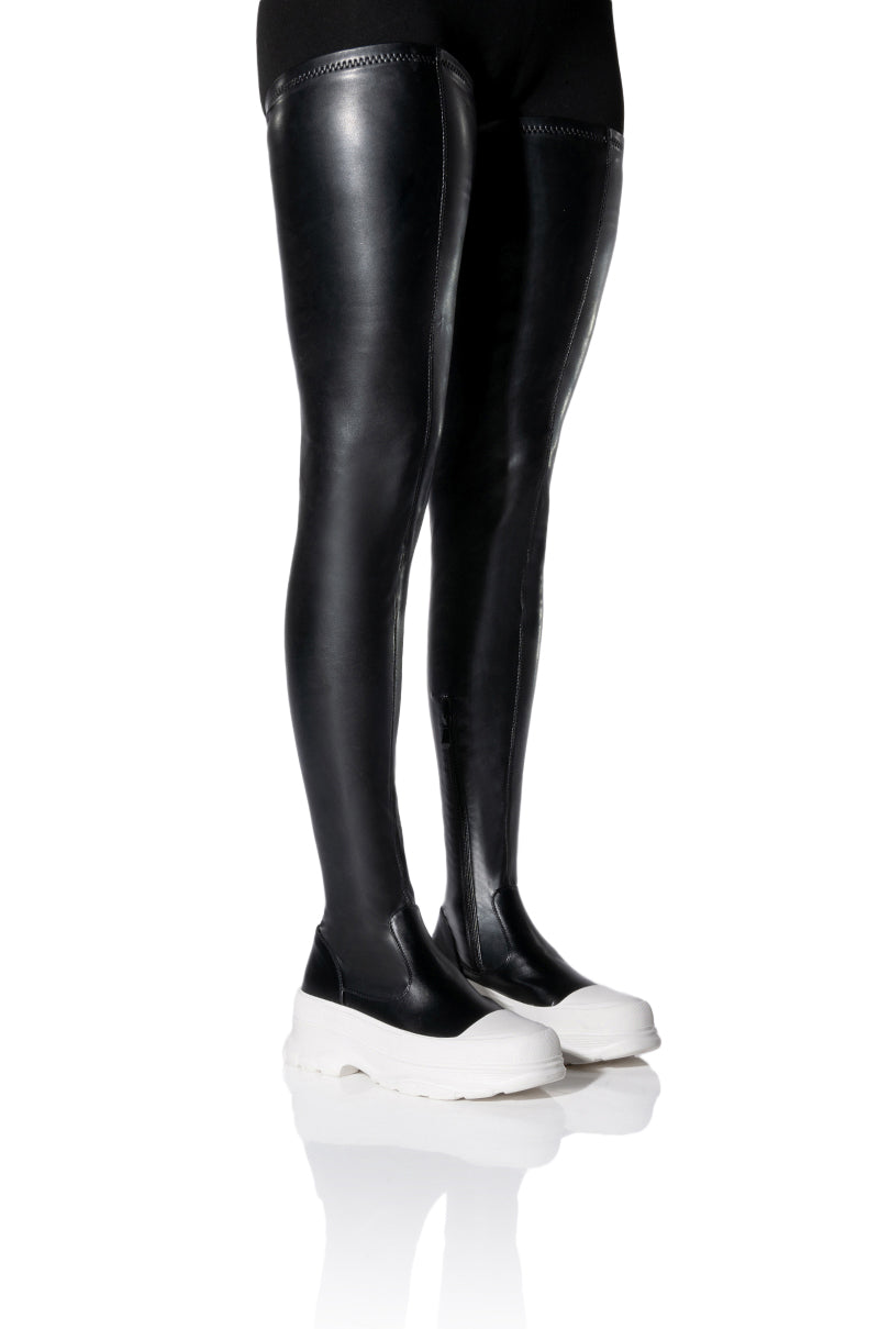 Sisoras AZALEA WANG OH MY LOVE FAUX LEATHER THIGH HIGH FLATFORM SNEAKER BOOT WITH 4 WAY STRETCH IN BLACK