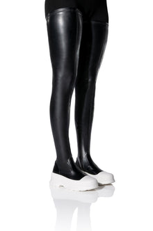 Sisoras AZALEA WANG OH MY LOVE FAUX LEATHER THIGH HIGH FLATFORM SNEAKER BOOT WITH 4 WAY STRETCH IN BLACK