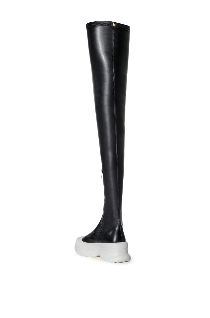 Sisoras AZALEA WANG OH MY LOVE FAUX LEATHER THIGH HIGH FLATFORM SNEAKER BOOT WITH 4 WAY STRETCH IN BLACK