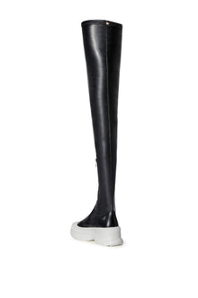 Sisoras AZALEA WANG OH MY LOVE FAUX LEATHER THIGH HIGH FLATFORM SNEAKER BOOT WITH 4 WAY STRETCH IN BLACK
