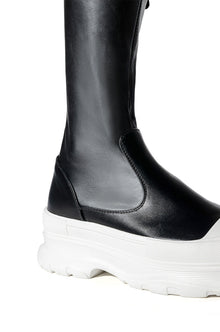 Sisoras AZALEA WANG OH MY LOVE FAUX LEATHER THIGH HIGH FLATFORM SNEAKER BOOT WITH 4 WAY STRETCH IN BLACK
