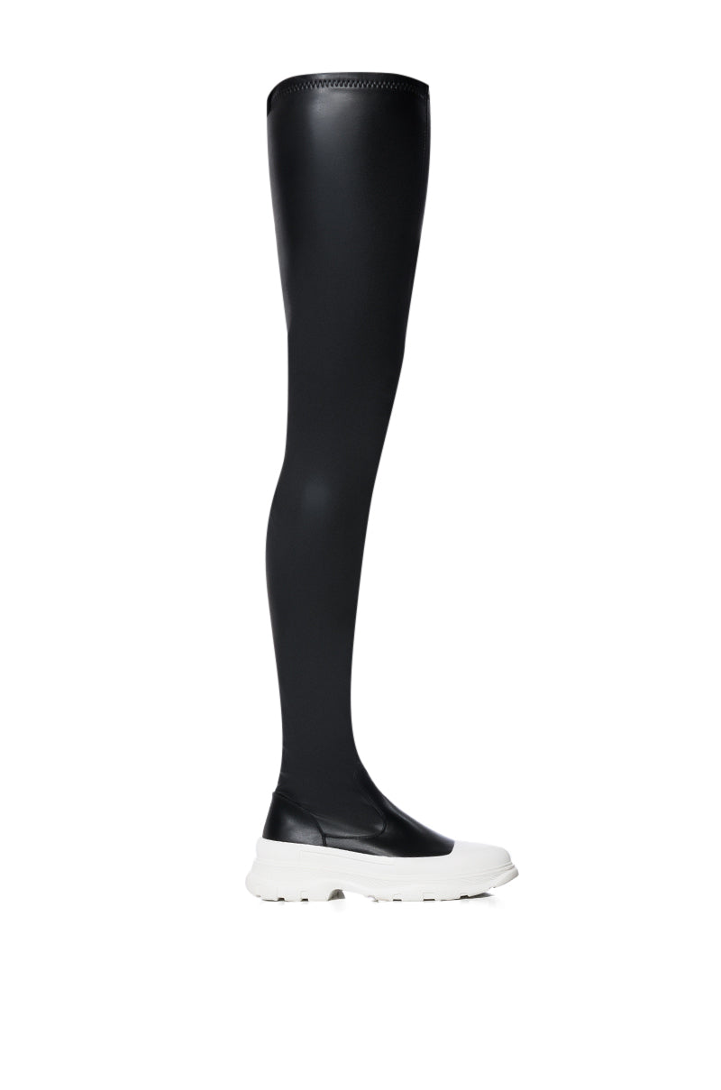 Sisoras AZALEA WANG OH MY LOVE FAUX LEATHER THIGH HIGH FLATFORM SNEAKER BOOT WITH 4 WAY STRETCH IN BLACK