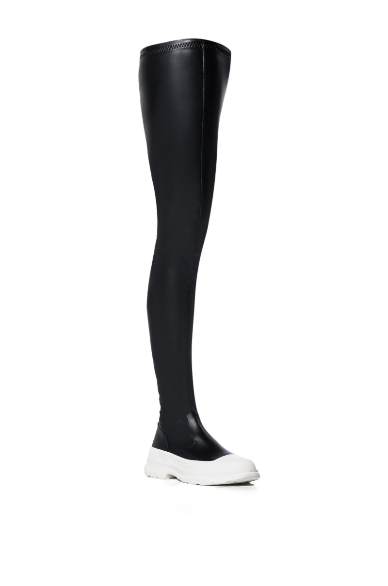 Sisoras AZALEA WANG OH MY LOVE FAUX LEATHER THIGH HIGH FLATFORM SNEAKER BOOT WITH 4 WAY STRETCH IN BLACK