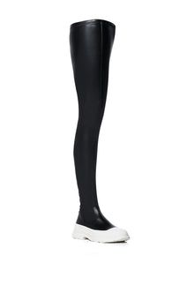 Sisoras AZALEA WANG OH MY LOVE FAUX LEATHER THIGH HIGH FLATFORM SNEAKER BOOT WITH 4 WAY STRETCH IN BLACK