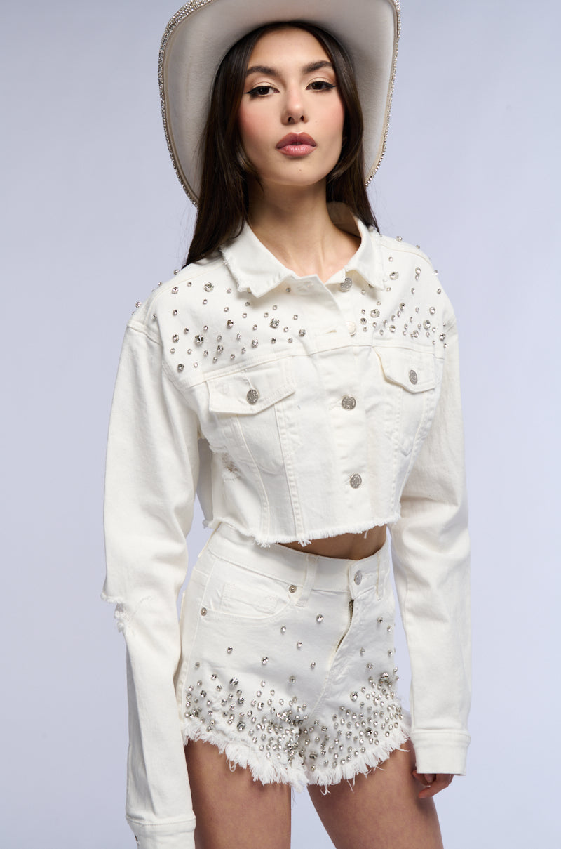 Sisoras CROPPED WHITE DENIM EMBELLISHED JACKET