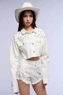 Sisoras CROPPED WHITE DENIM EMBELLISHED JACKET