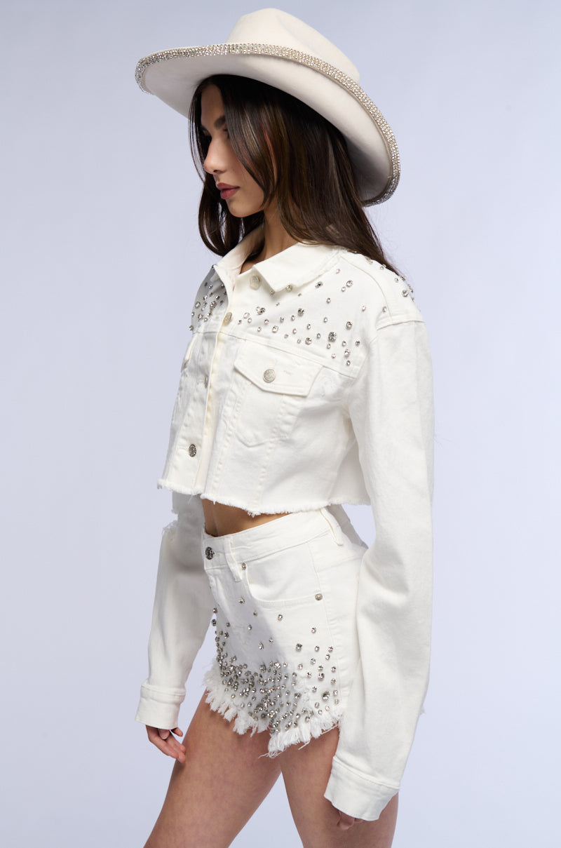 Sisoras CROPPED WHITE DENIM EMBELLISHED JACKET