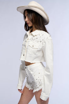 Sisoras CROPPED WHITE DENIM EMBELLISHED JACKET