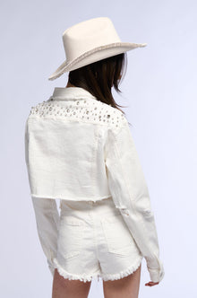 Sisoras CROPPED WHITE DENIM EMBELLISHED JACKET