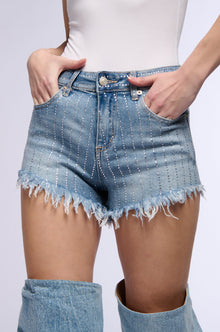 Sisoras KICK BACK PINSTRIPE RHINESTONE JEANS SHORTS