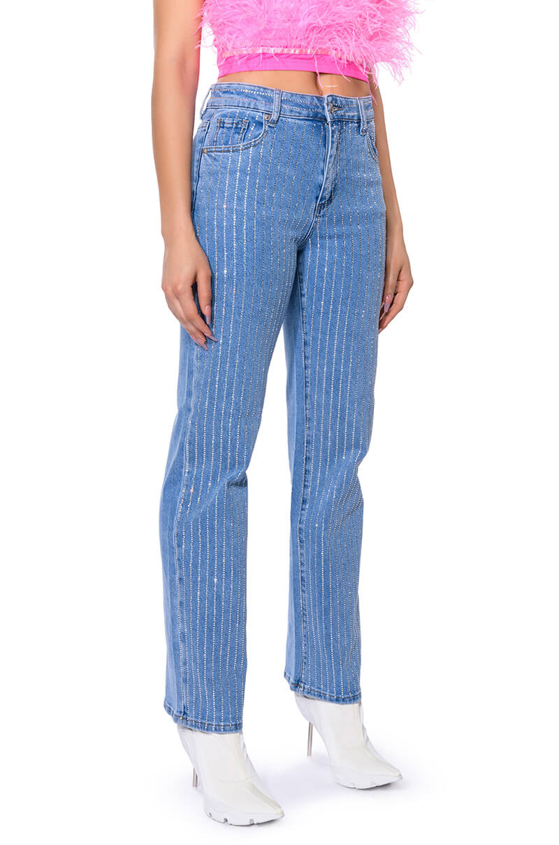 Sisoras KICK BACK PINSTRIPE RHINESTONE WIDE LEG JEANS
