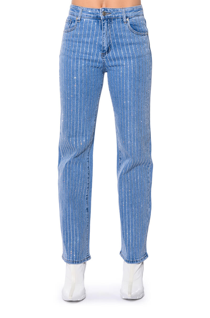 Sisoras KICK BACK PINSTRIPE RHINESTONE WIDE LEG JEANS