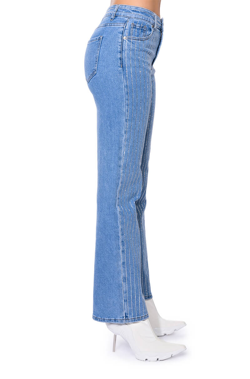 Sisoras KICK BACK PINSTRIPE RHINESTONE WIDE LEG JEANS