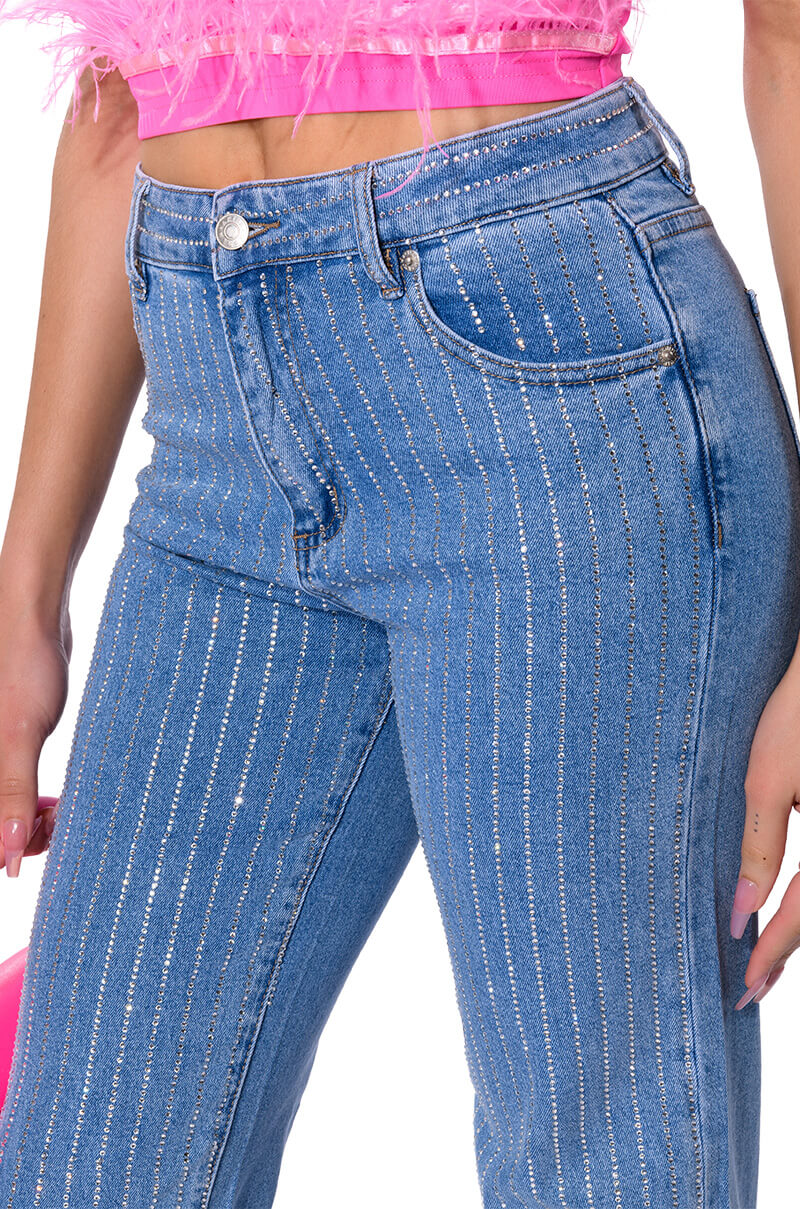 Sisoras KICK BACK PINSTRIPE RHINESTONE WIDE LEG JEANS